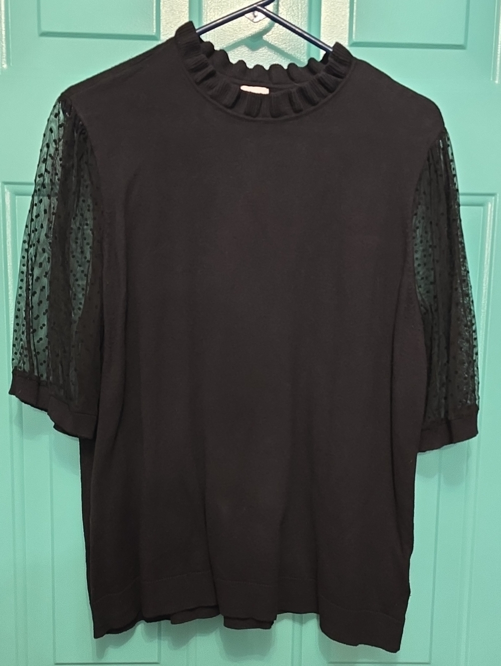 Anne Klein Black Ruffle Neck Polka Dot Mesh Sleeve Top